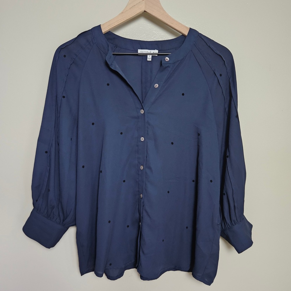 Current‎ Air Swiss Dot Button Front Blouse Sz S Navy Blue Blouson Sleeves